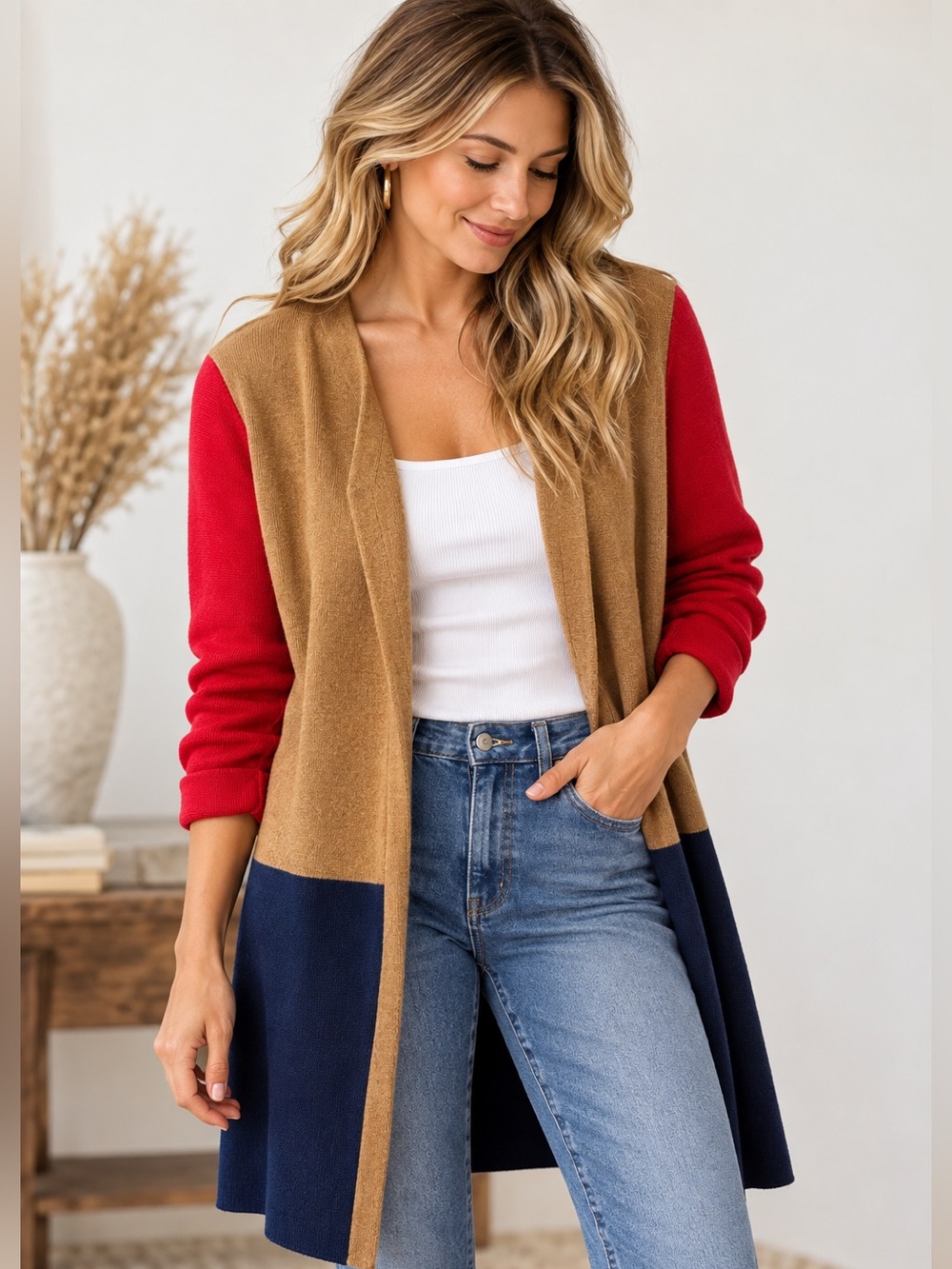 J.Crew Colorblock Open Front Cardigan XS Camel Navy Red Cotton Longline